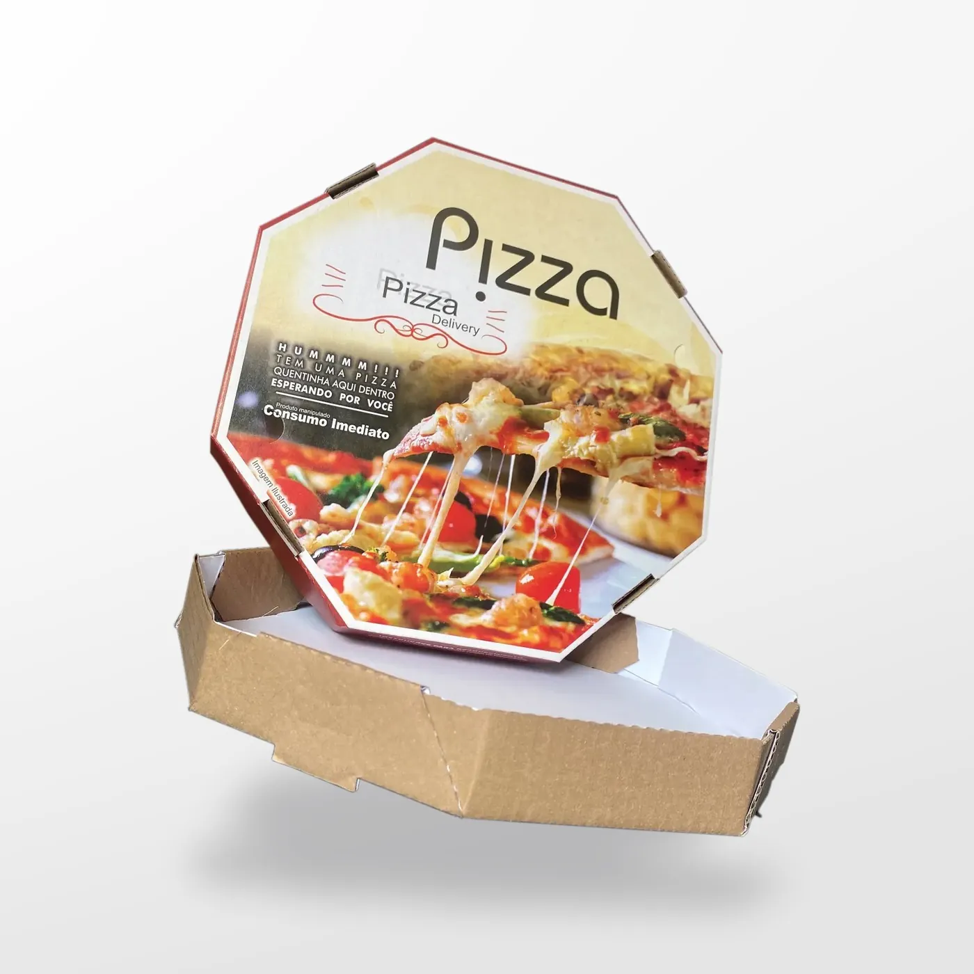 Caixa de pizza universal aberta mostrando o interior em kraft